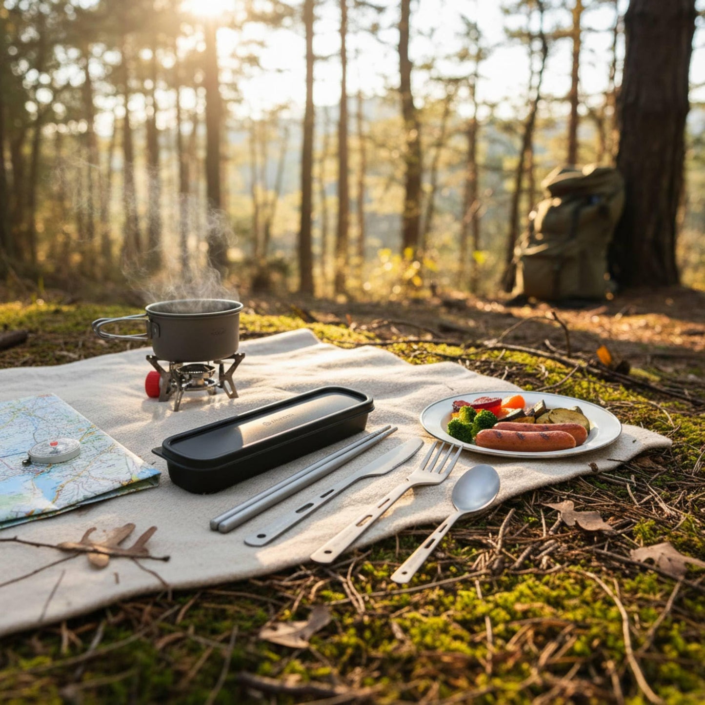 MAXCOOK Titanium Utility Cutlery Set, Portable tableware titanium utensil set with case, Table Spoon Fork Chopsticks Knife set for Outdoor Travel Camping Backpacking (Total 5 PCS)