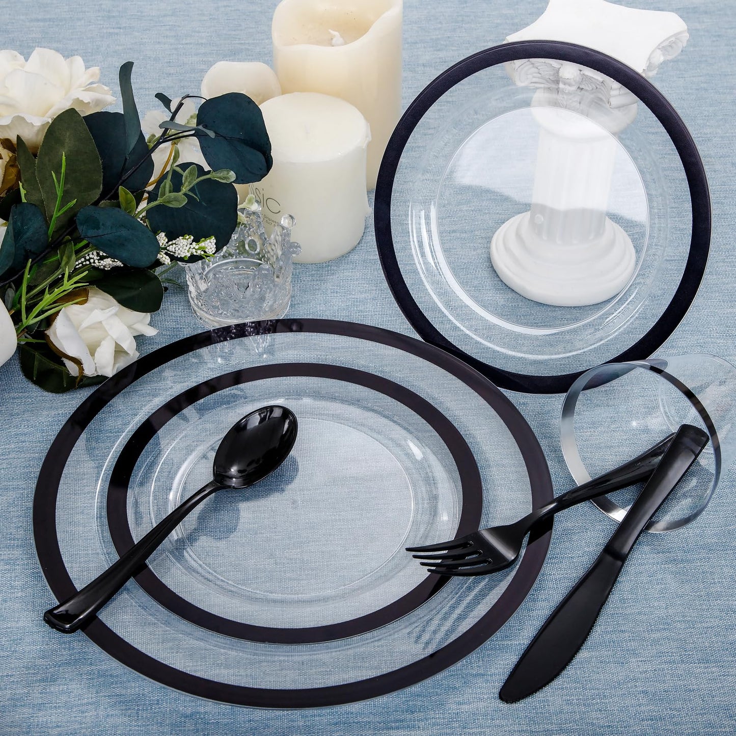 I00000 350 Pcs Clear and Black Plastic Plates,Black Dinnerware Set, Include 50 Dinner and 50 Dessert Plates,50 Plastic Cups,50 Pre Rolled Napkins with Cutlery for Graduation,Party