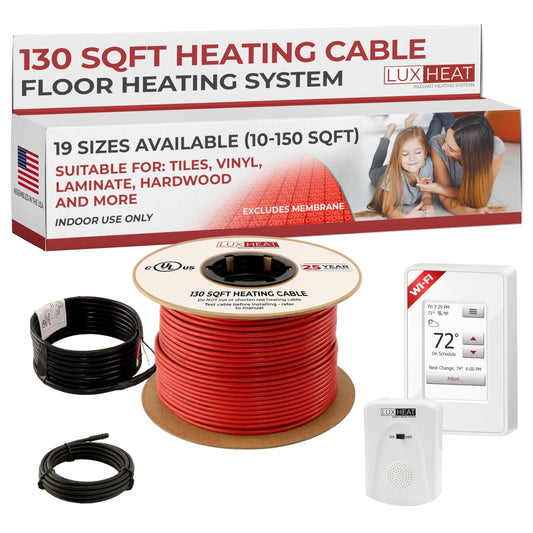 LuxHeat 130sqft Floor Heating Cable Kit - 120v Heated Bathroom Floor Kit - Heated Flooring System Includes UWG4 WiFi Programmable Thermostat w/GFCI, Heating Cable, Alarm & Flooring Sensor