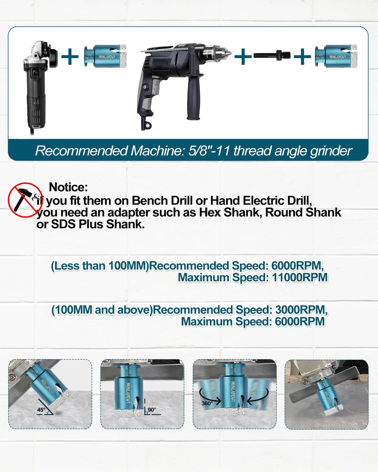 MINLAYCUT Tile Hole Saw Kit Diamond, 14-Piece Diamond Core Drill Bits 6/6/8/20/25/35/50/75/100/125mm+Tile Blade 115mm, Diamond Hole Saw for Porcelain Ceramic Marble Granite,5/8"-11 Thread