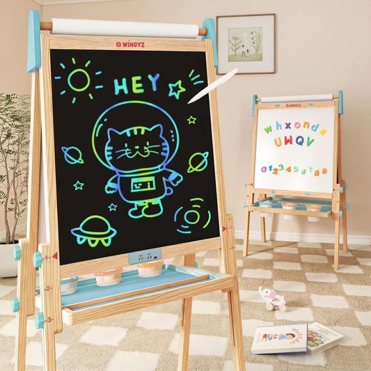 WINGYZ 24" LCD Easel for Kids, 3-in-1 Color Drawing Tablet with Blue Light-Free Screen, Whiteboard & Paper Roll, Adjustable Wooden Art Station for Ages 3-12, Mess-Free Creative Gift for Home & School