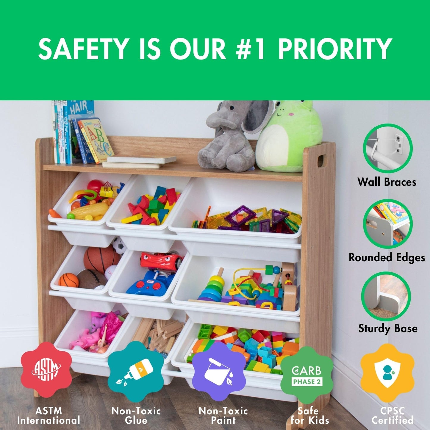Humble Crew Toy Storage Organizer with Top Shelf and 9 Removable Bins, Natural/White – Toddler Bookshelf with Toy Organizer - Modern Toy Rack Ideal for Kids' Rooms, Playrooms, and Nurseries