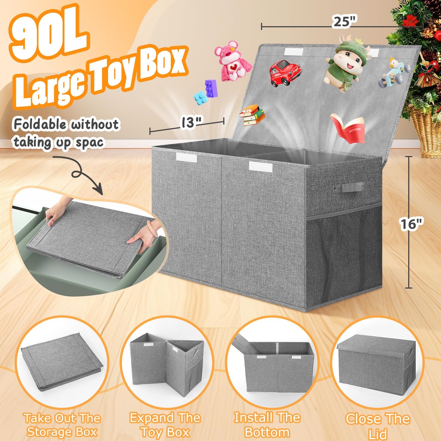 Rocamdo Large Toy Storage Box with Lid Divider, Sturdy Collapsible Toys Organizer Chest Kids Storage Bins Boxes Baskets for Boys, Girls, Nursery, Bedroom, Living Room, Playroom, 25"x13"x16", Gray