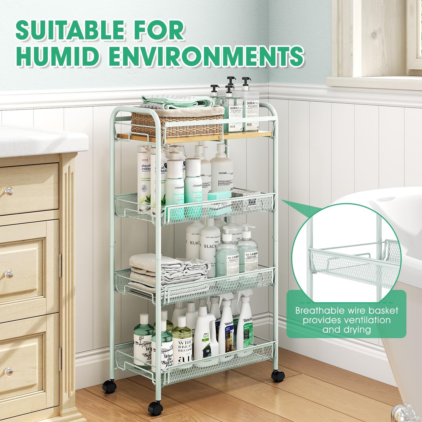 TOOLF 4-Tier Rolling Cart, Metal Utility Cart, Slide Out Storage Cart with Wooden Tabletop and Mesh Baskets for Narrow Space on Kitchen Bathroom Laundry Room Bedroom Apartments Dormitory (Green, Wide)