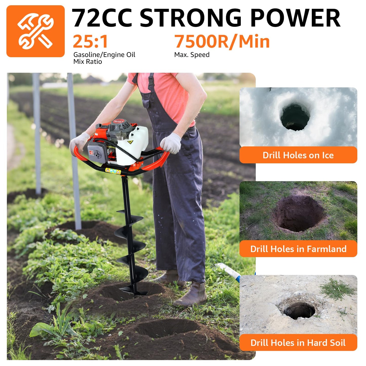 XJADQW 72CC 2-Stroke Gas Powered Post Hole Digger with 4" & 6" & 8" Auger Bits + 8“ & 12" & 20" Extension Rod, Heavy Duty Earth Auger for Farm, Garden, Landscaping, Construction