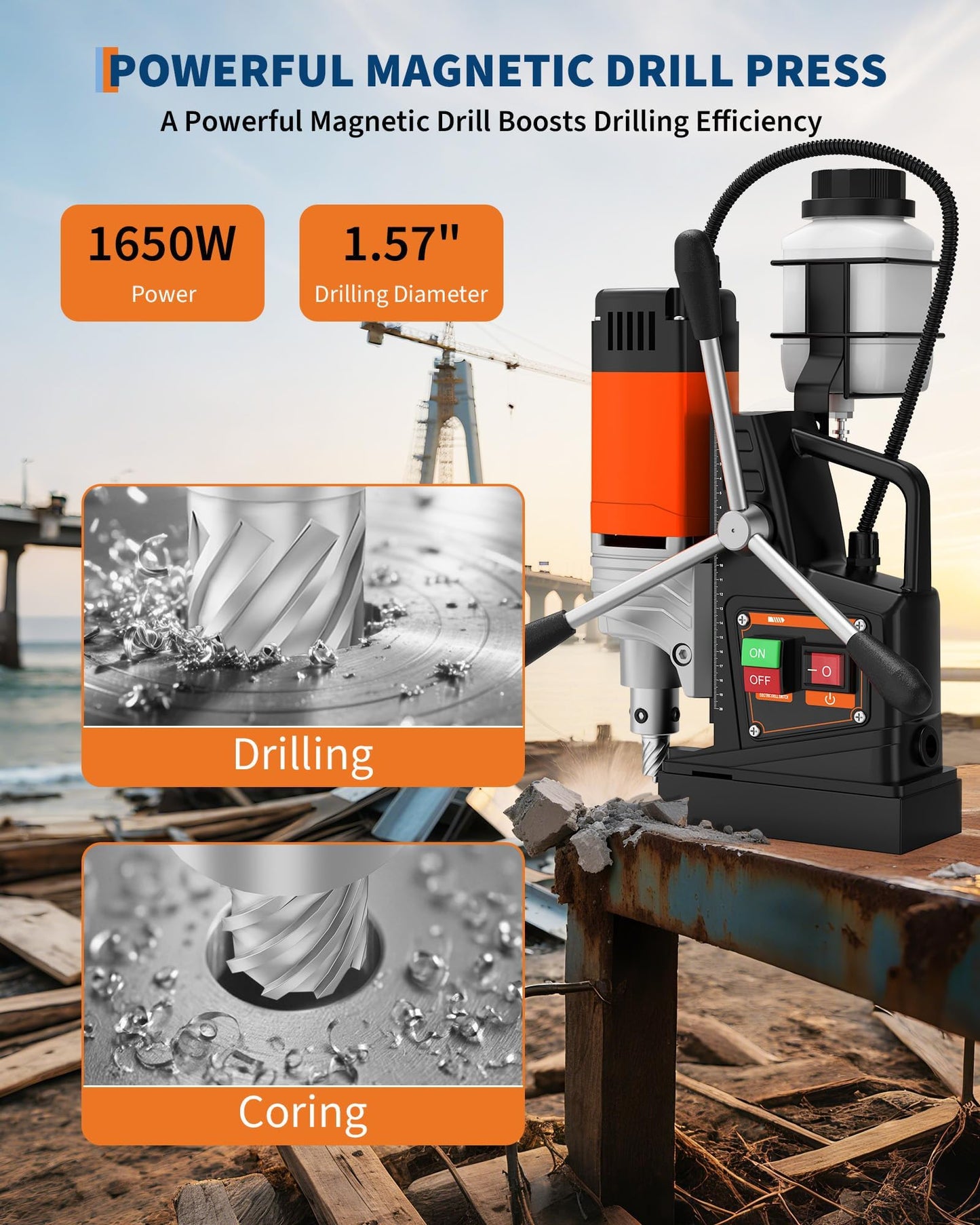1650W Mag Drill Press, 1.57" Boring, 2922lbf Magnetic Base, 10-Speed, 810RPM, Portable Drill Machine with 10 Annular Cutters, 3 Twist Bits, Adjustable Depth, Industrial Drilling Tool Box