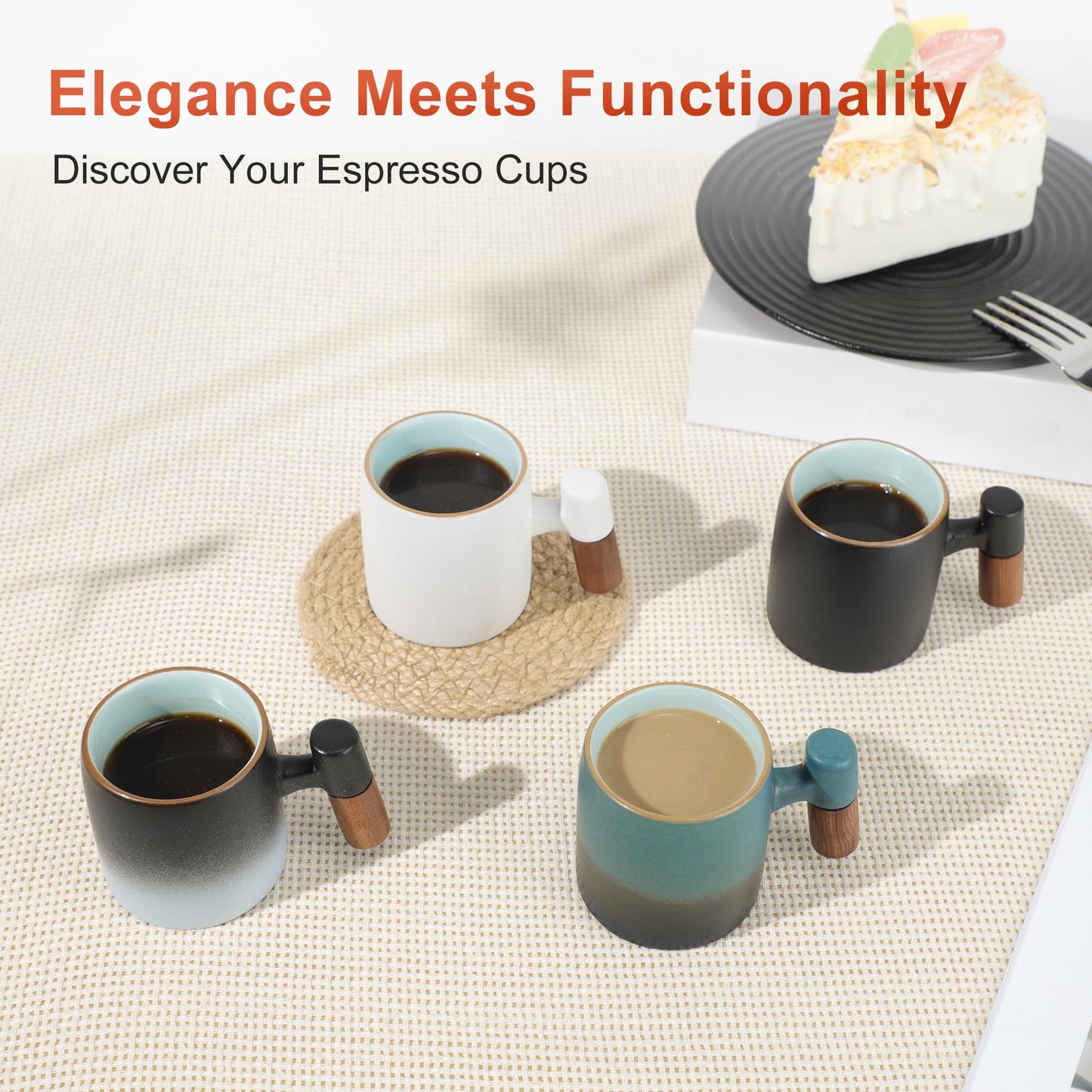 RENEWREVITAL 2.5oz Ceramic Espresso Cups with Wooden Handle, Porcelain Espresso Shot Cups Set of 2, Demitasse Cups for Coffee or Tea, Black, Blue