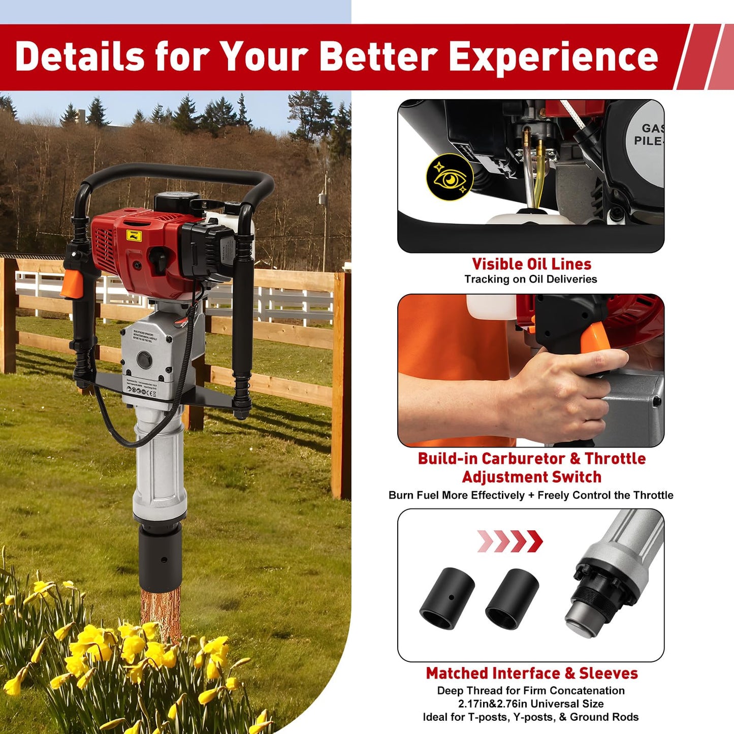 awolsrgiop 52CC 2 Stroke 2.3HP Gas Powered T-Post Driver, Fence Farm Push Pile Gasoline Engine kit, 1900W Garden Fencing Tool Farm Piling Driver with 2 Post Driving Head Ergonomic Design