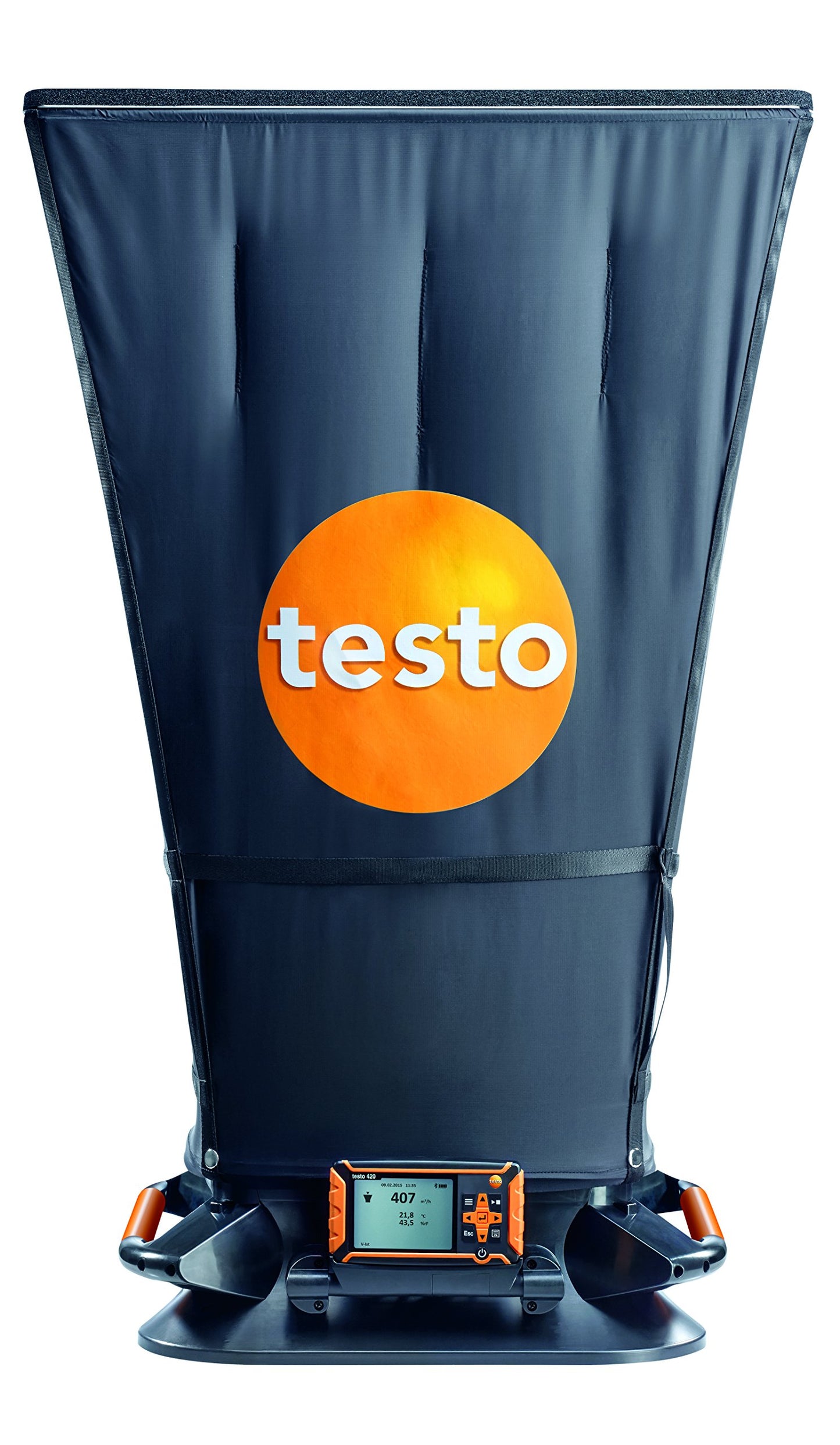 Testo 420 Flow Hood – Airflow Meter HVAC for Air Velocity, Volume Flow, Temperature & Relative Humidity – CFM Meter for Airflow HVAC with Tiltable Display, Bluetooth, and App Compatibility - With NIST