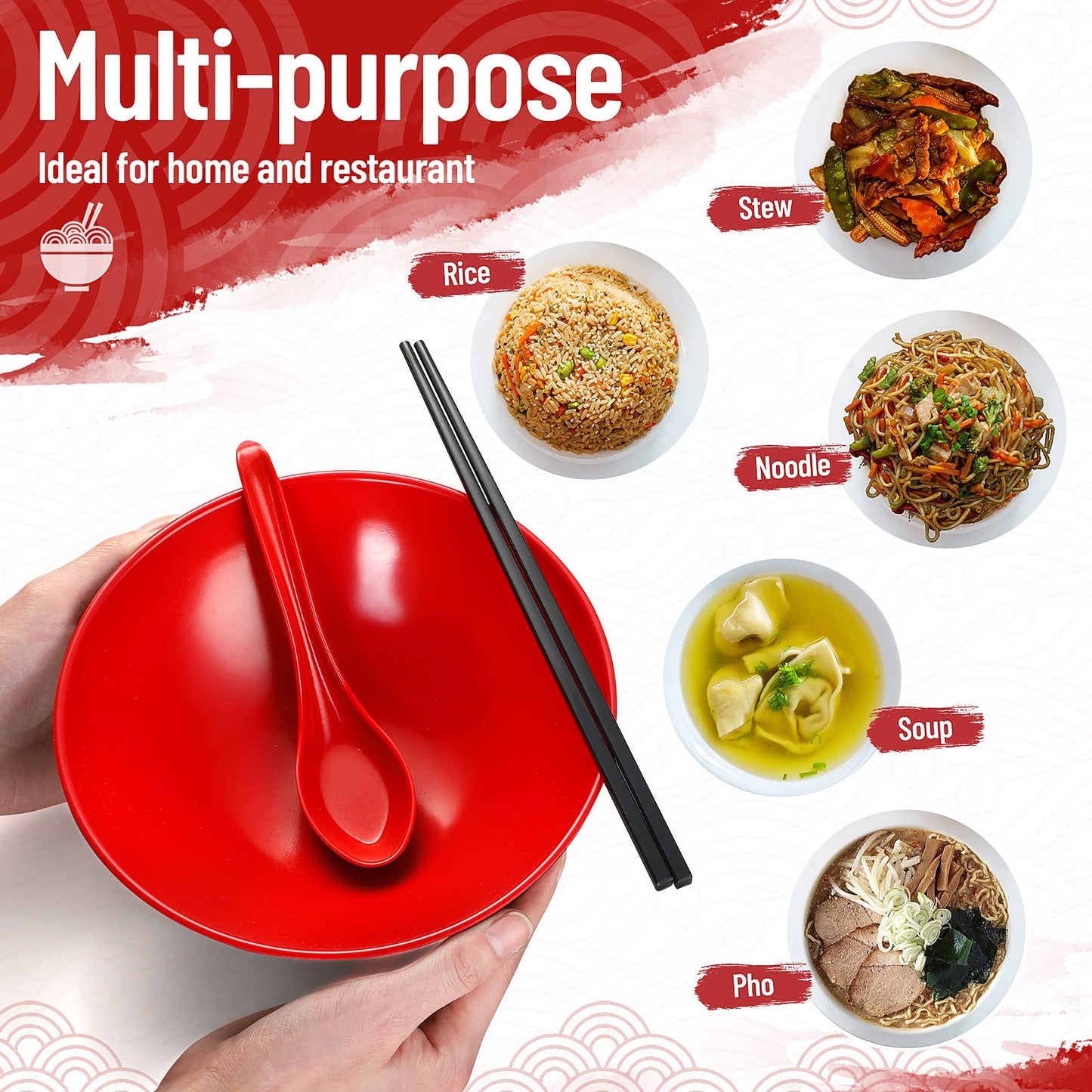 Eaasty 24 Pcs 8 Set Ramen Bowls Japanese Style Noodles Asian Chinese Large Soup Bowls with Spoons and Chopsticks for Ramen Pho Udon Soba Asian Dishes