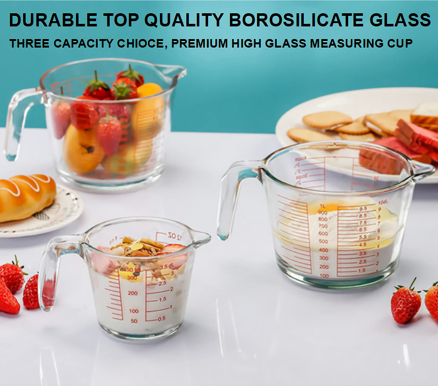 Glass Measuring Cups Set,BPA-Free Premium Heat Resistant Borosilicate Glass Measuring Cups with Handle, Precise Measurement Dl, Cups,OZ & Ml Scale, Easy-Pour Spout