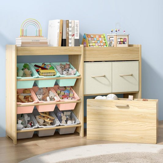 EXPERLAM Toy Storage Organizer for Kids, 9-Bin Toy Organizer with 2-Drawers,Movable Toy Chest and Top Rack, Kids Bookshelf and Toy Storage for Playroom, Bedroom, Nursery, Multi-Color