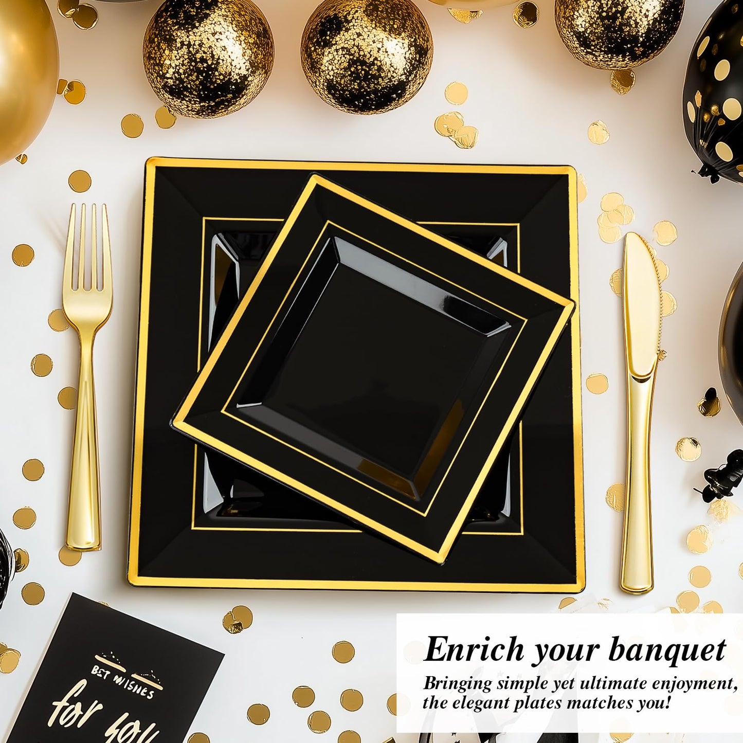 Goodluck 100 Black Pack Square Plastic Plates With Gold Rim, Heavy Duty 50 Dinner Plates 9.5" and 50 Dessert Plates 6.5", Fancy Disposable Plates for Wedding, Holiday Party, Birthday, Halloween