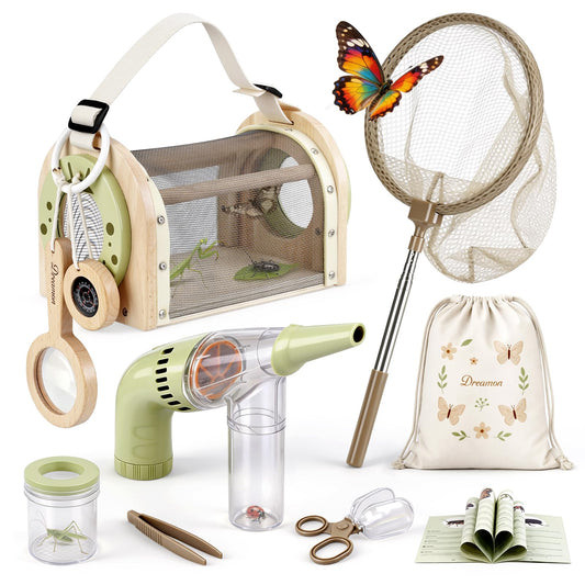 Dreamon Kids Bug Catching Kit, 11PCS Outdoor Toys for Kids Ages 4-8 | STEM Educational Toys Kids Explorer Kit with Wooden Bug Habitat, Bug Vacuum, Butterfly Net and Magnifying Glass