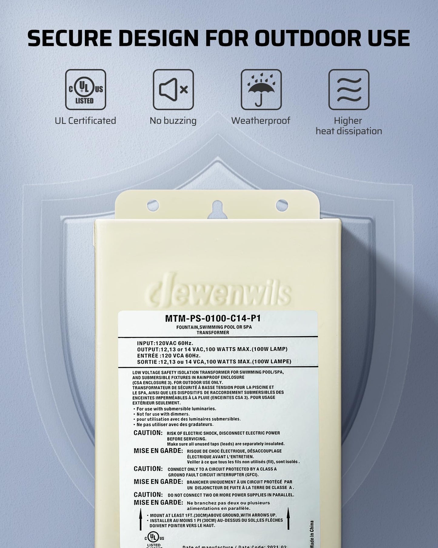 DEWENWILS 100W Low Voltage Pool Light Transformer, 120V AC to 12V/13V/14V AC, Multi-tap Safety Transformer