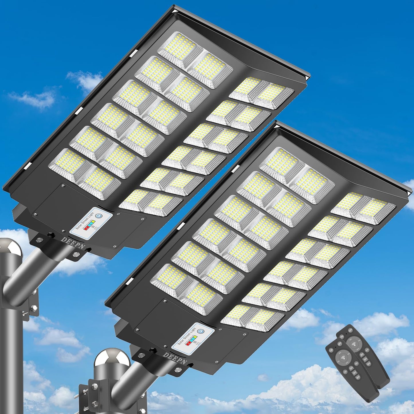 Deepn 8000W Solar Street Light, 480000 Lumens Dusk to Dawn LED Flood Lights Outdoor Motion Sensor, IP66 Waterproof Commercial Grade Solar Outdoor Lights with Remote Control for Parking Lot, 2 Pack