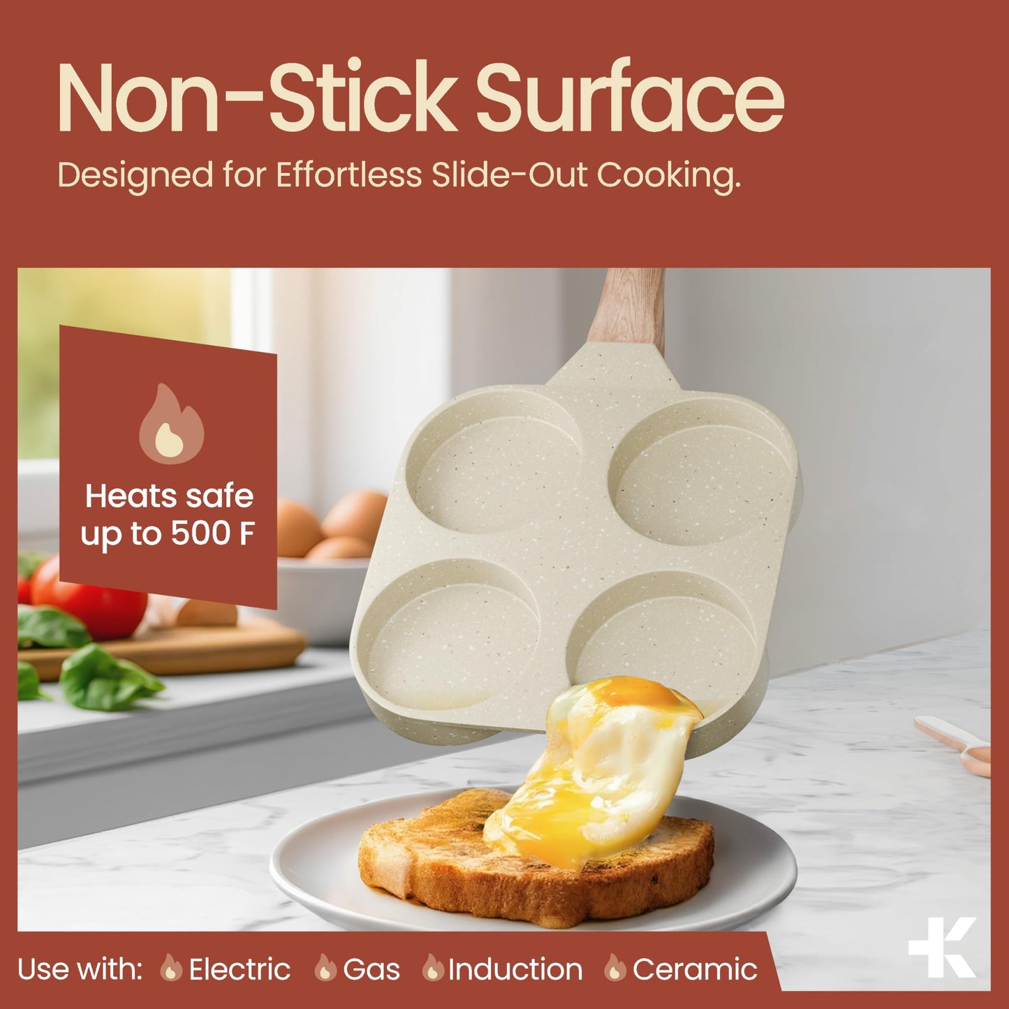 4-Cup Nonstick Frying Egg Pan Gray Marble, Granite Pancake Pan, PFOS & PFOA Free, Die-Cast Aluminum with Heat-Resistant Handle, 500°F Stove-Safe, Compatible with Induction, Gas & Electric Cooktops