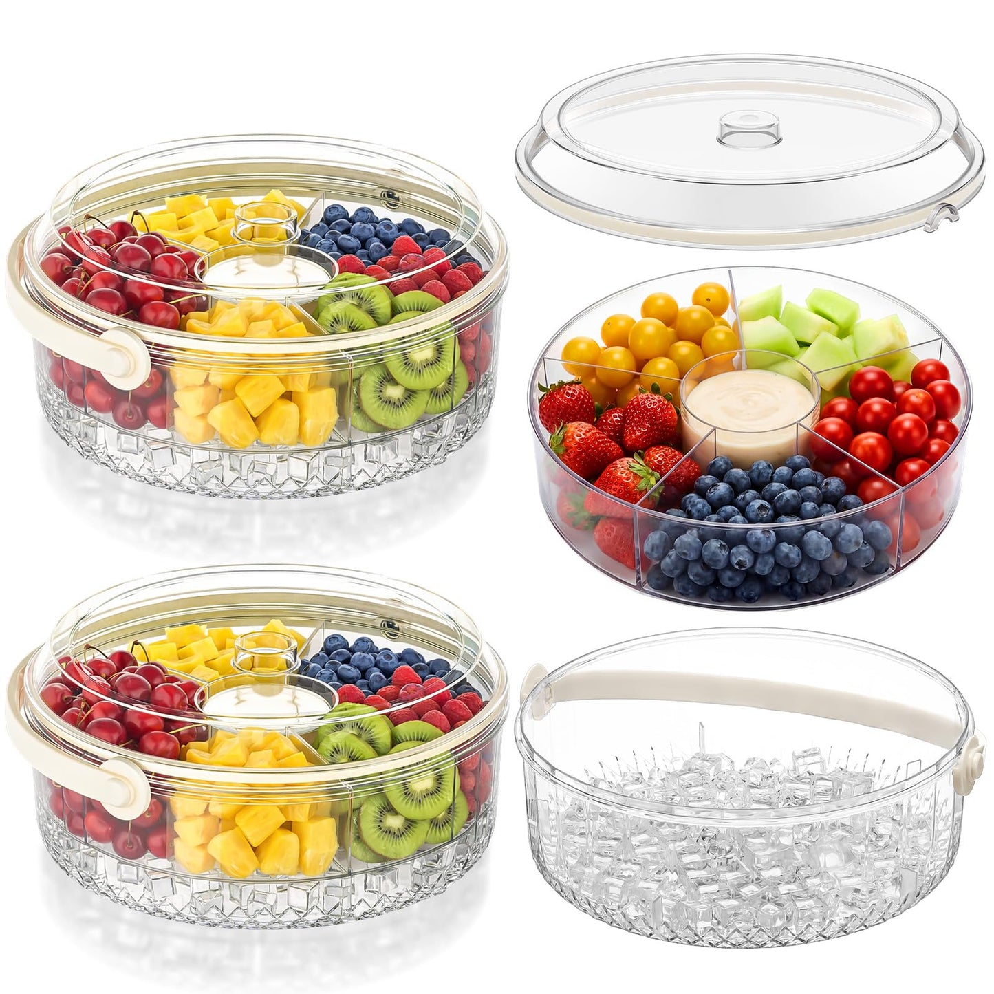 Tiangrid 2 Pack Chilled Serving Tray with Lid Handle, 11" Veggie Fruit Ice Serving Platter with 5 Compartments, Portable Clear Party Tray for Shrimp Cocktail, Outdoor BBQ, Picnic
