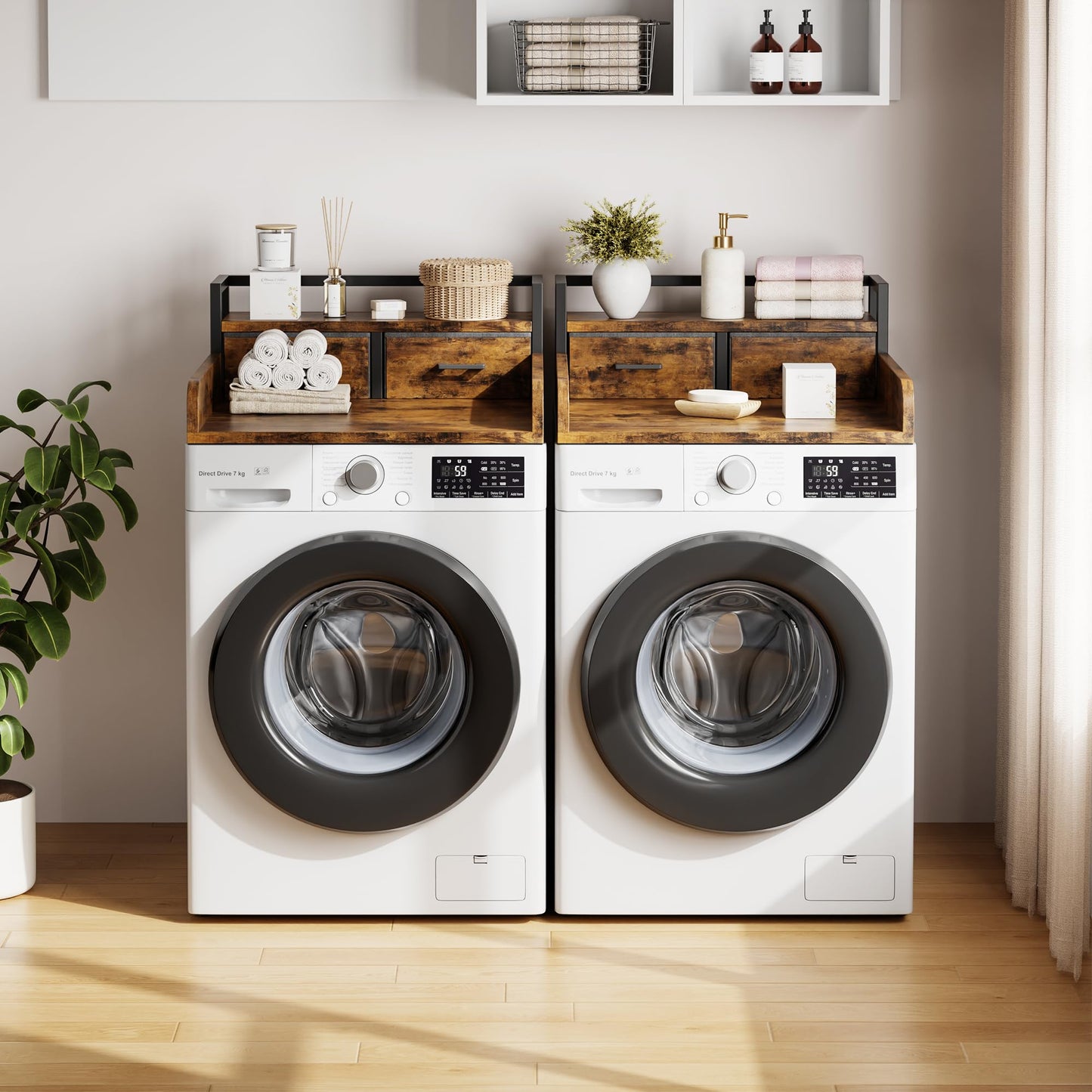 IDEALHOUSE 2-Tier Washer and Dryer Countertop with Shelf or Drawers, Laundry Countertop Cover with Non-Slip Pad, 54"X27.5" Laundry Topper for Folding Clothes Over Washer and Dryer-Retro