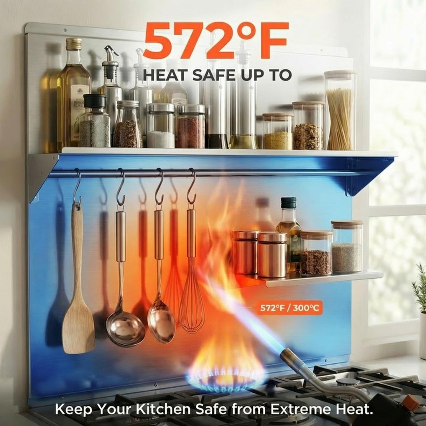 MIAOOWITH 36×29.5 Inch Stainless Steel Stove Backsplash with Shelf, Rust-Proof Kitchen Wall Protector Stainless Steel - Easy No-Drill Installation