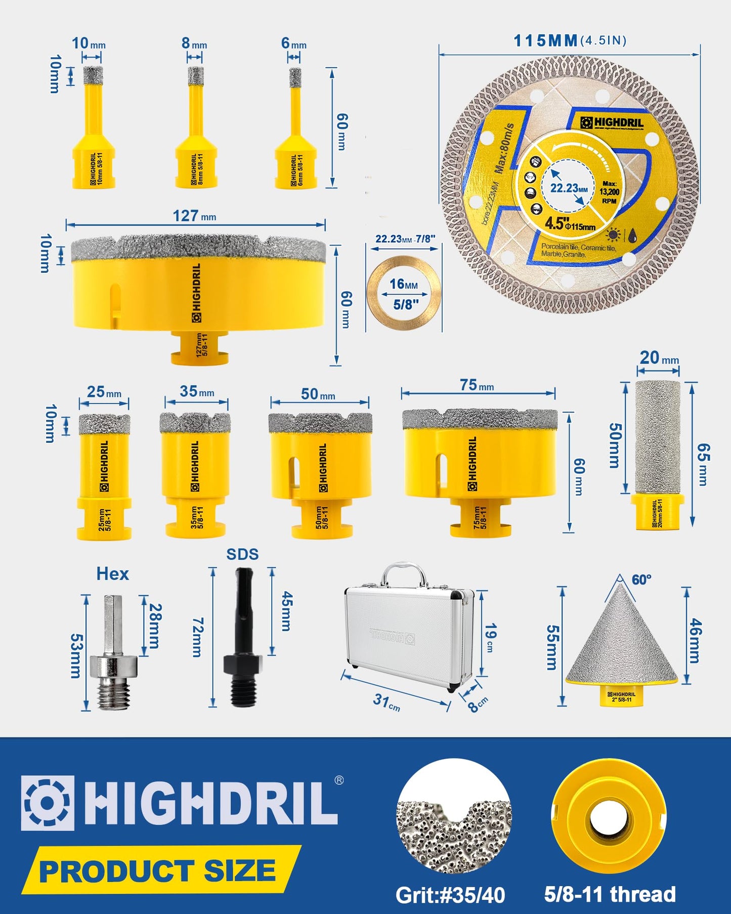 HIGHDRIL 13Pcs Diamond Hole Saw Kit and HIGHDRIL Diamond Drill Bit Set - 4pcs