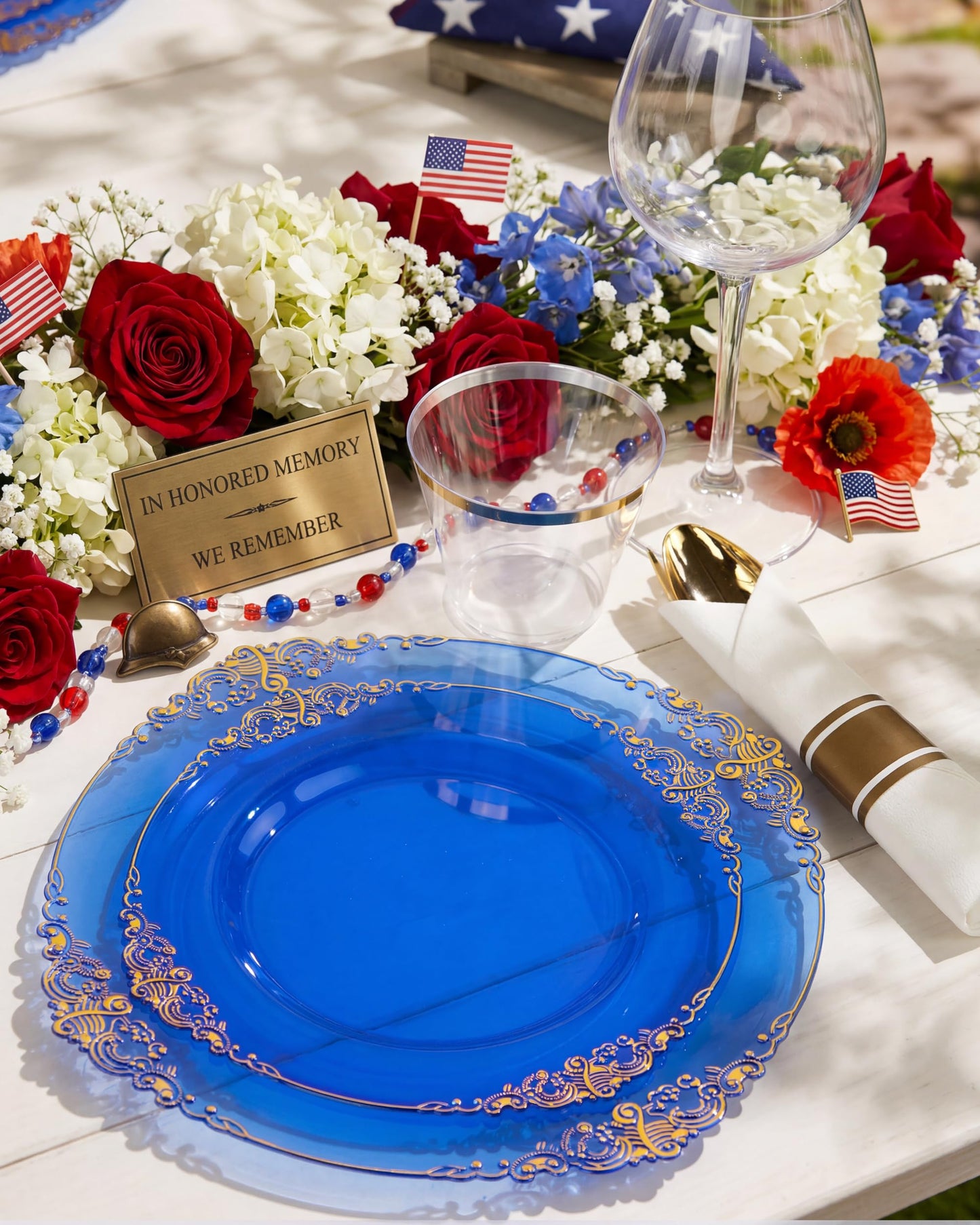 Nervure 175PCS Blue Plastic Plates - Disposable Blue Gold Party Plates & Pre Rolled Napkins with Cutlery for 25 Guests, 50Plates, 75Silverware, 25Cups, 25Napkin for Wedding & Party & Independence Day