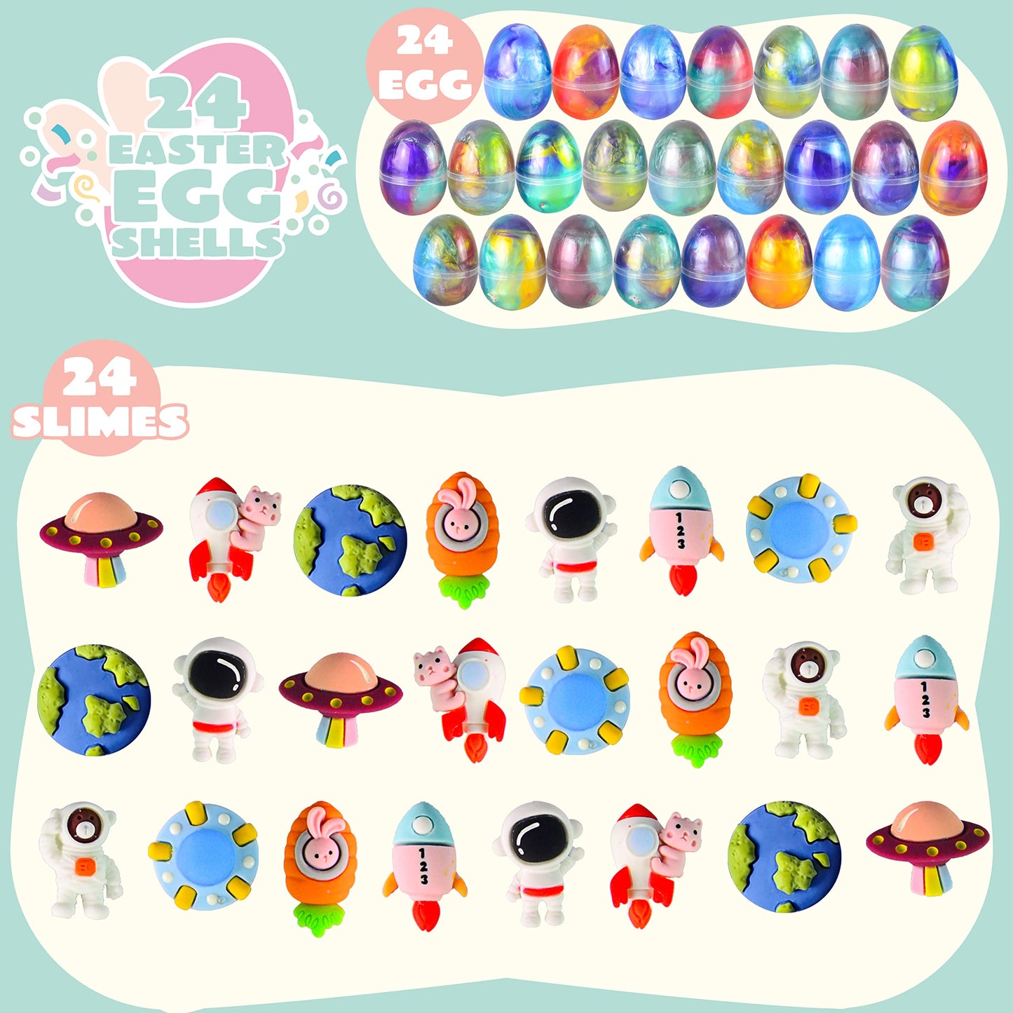 JOYIN 24 Pcs Galaxy Slime Eggs with Toys, Unscented, Multi-color, Easter, Space Theme, 3+ Years, Small, Multi Color, Slime with Toys, Putty, Childrens Multi-item Party Favor Packs, Unisex Children