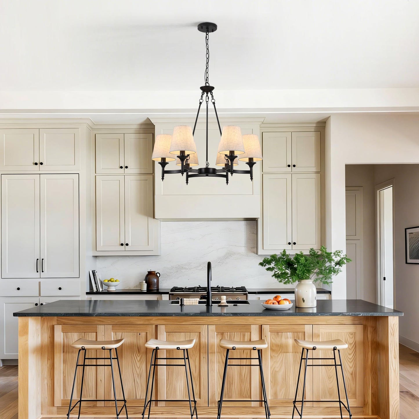 Xeruyiwa Black Industrial Farmhouse Chandelier, 27.2" 6-Light Pendant Light with Linen Fabric Shades, Adjustable Hanging Fixture for Kitchen Island Dining Room Bedroom Entryway