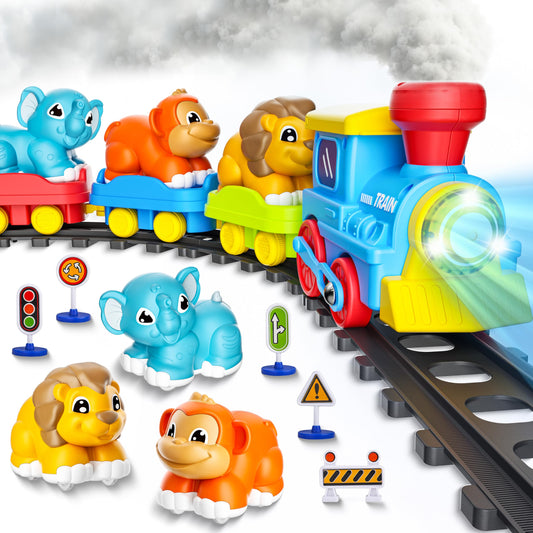 Train Set for Toddlers w/Steam, Music & Lights - Electric Train Toy for Kids with Tracks Accessories, Includes 3 Animals Car: Lion Gorilla and Elephant, Gifts for 1-3 4 5 6+ Years Old Boys Girls