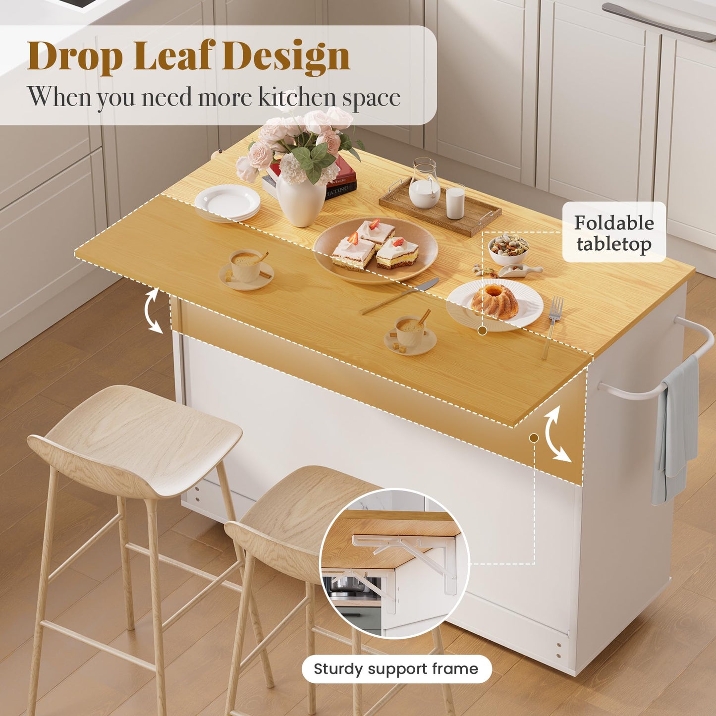 GRUSIGN Kitchen Island on Wheels with Storage-Multifunctional Kitchen Island Cart with Drop Leaf, Rolling Island with Spice/Towel Rack,Expandable Island Table Kitchen,39.37" Width,White