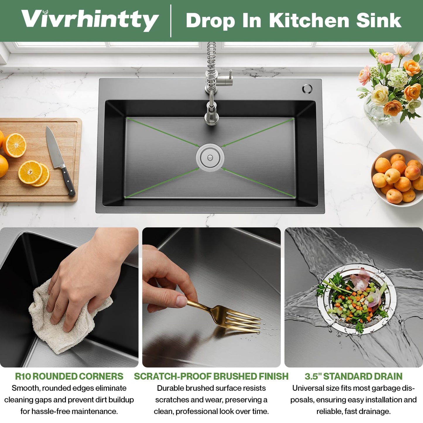 Vivrhintty 33" x 22" Drop-In Kitchen Sink, 9" Deep Single Bowl Topmount with Nano Coating, Stainless Steel for Kitchen & Laundry Room, Includes Accessories