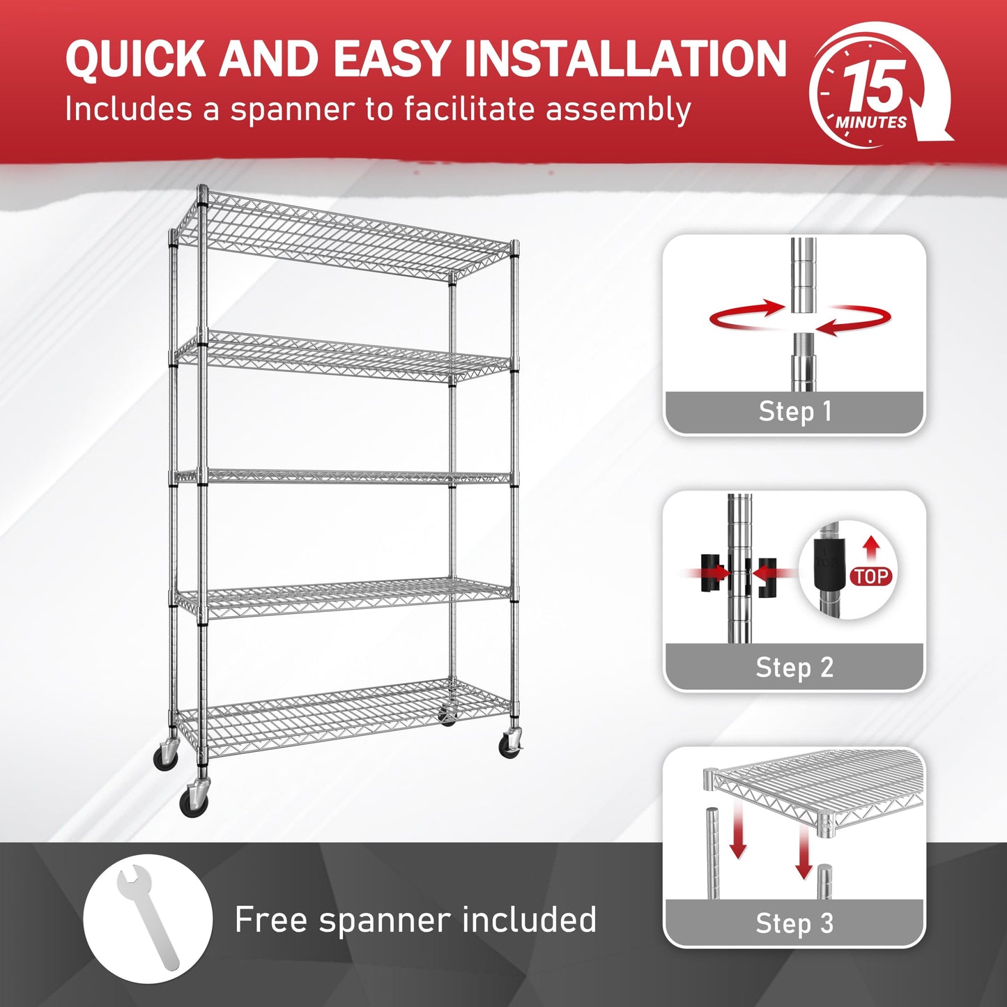 MUPATER 48" W x 18" D x 72" H 5-Tier Rolling Wire Shelving Rack, Heavy Duty Storage Cart with 2000LBS Load Capacity, Adjustable Shelves & 3" Silent Lockable Casters for Kitchen, Silver