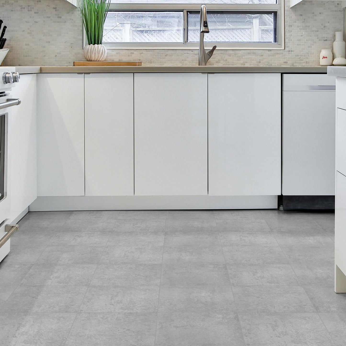 16-Pack Peel and Stick Floor and Wall Tile for Kitchen Bathroom, 9" x 9" Stone Composite Self Adhesive Vinyl Flooring Gray Cement Looks Waterproof Backsplash Tile, Covers 9.12 Sq Ft.