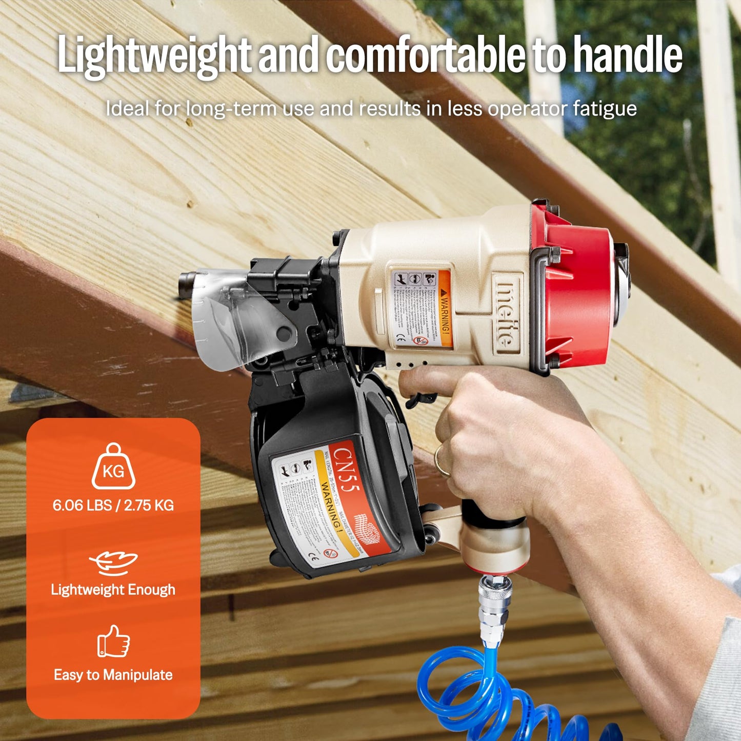 meite CN55 Pneumatic Coil Nailer with 15 Degree Siding Nails 2" × .099'' - Air Coil Nail Gun with 400PCS Magazine, 360° Adjustable Exhaust for Framing Sheathing Pallets Hardwood Projects