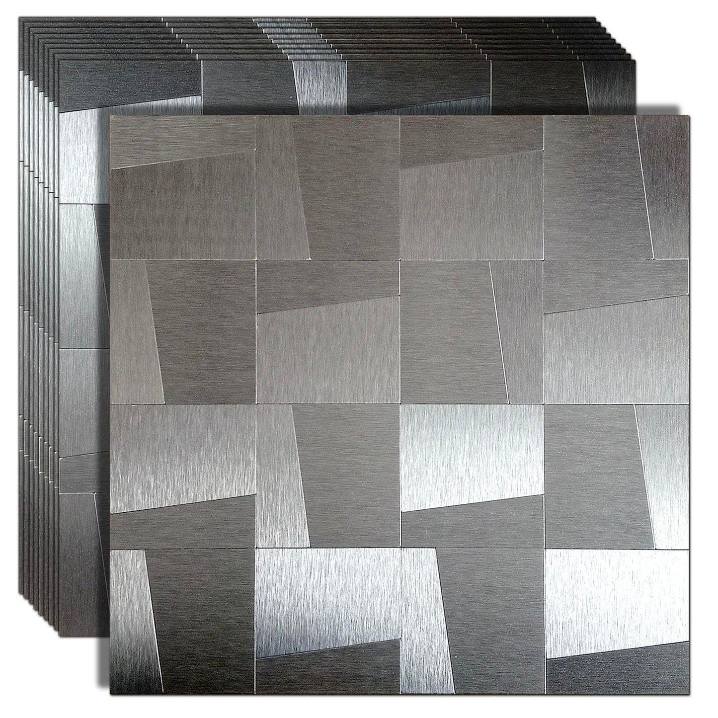 XUANINY 10-Sheet Peel and Stick Metal Backsplash Tiles, Self Adhesive Brushed Aluminum Subway 3D Wall Sticker for Kitchen Bathroom (10, Light Black Brushed)