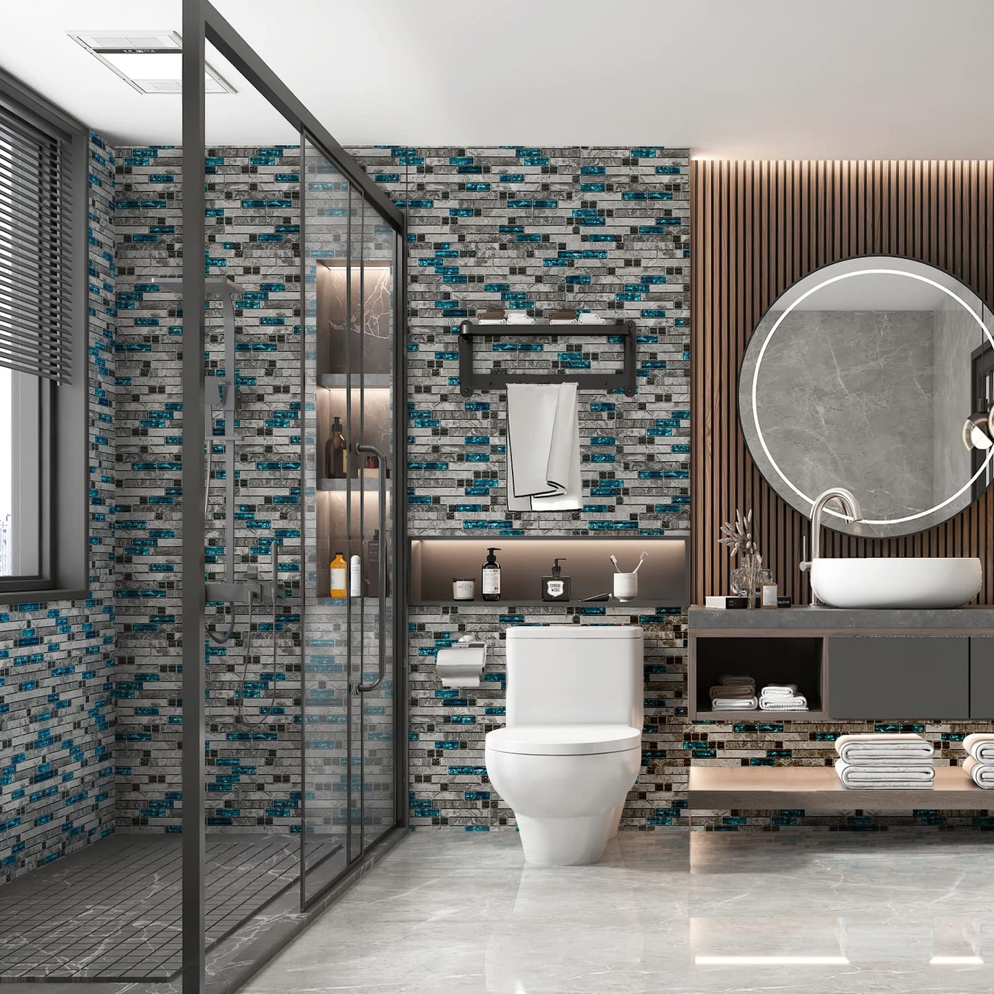 The Newly Upgraded 2026; a Four-piece Set Suitable for Kitchen backsplashes, Featuring Noble Natural Marble paired with Blue Glass Mosaic Tiles, Suitable for bathrooms, Kitchens, bedrooms, and More.