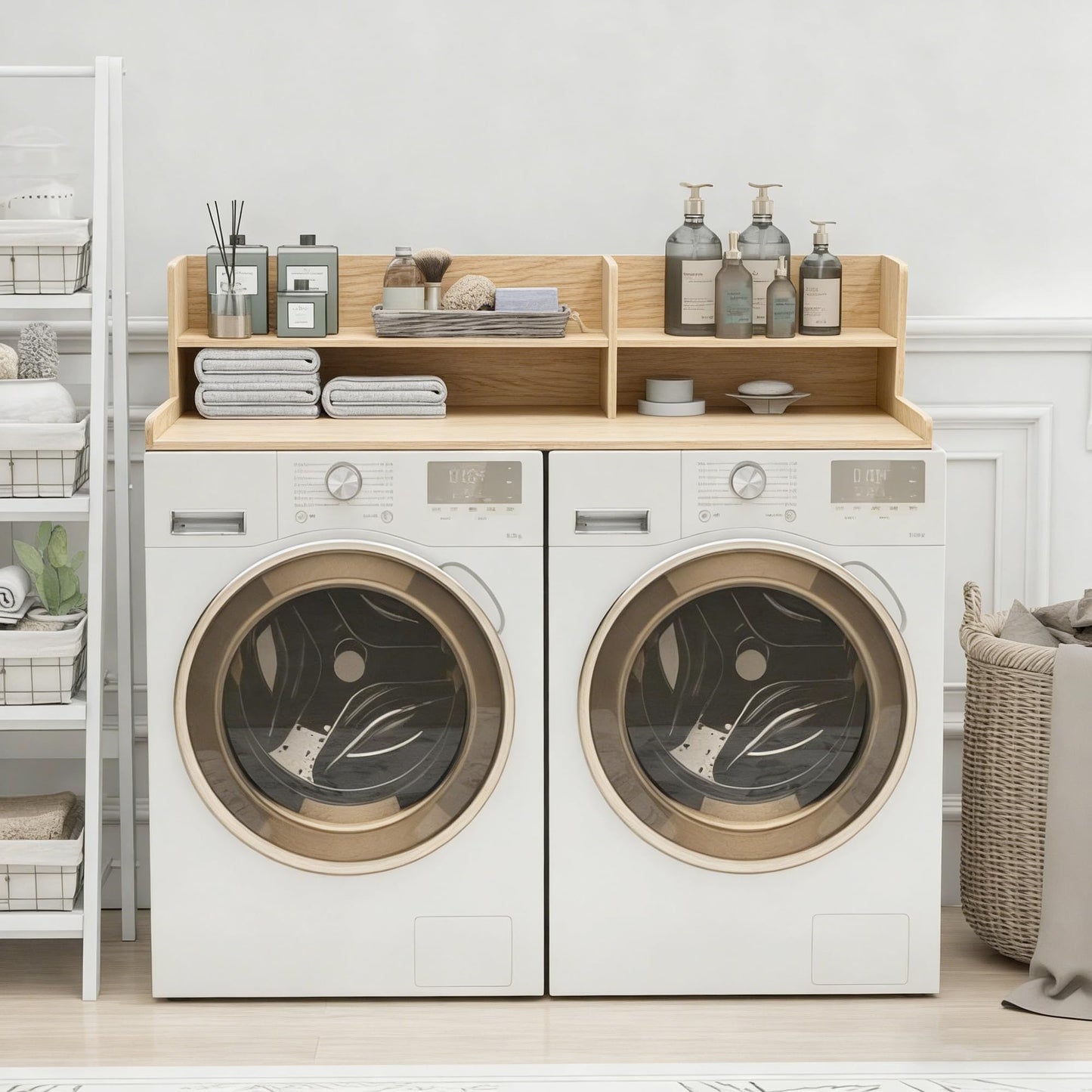 Desility Washer and Dryer Countertop, 54.7" W X 28.3" D Wooden Laundry Countertop with Adjustable Shelves, 2 Tier Washer and Dryer Topper for Laundry Room Organization, Natural