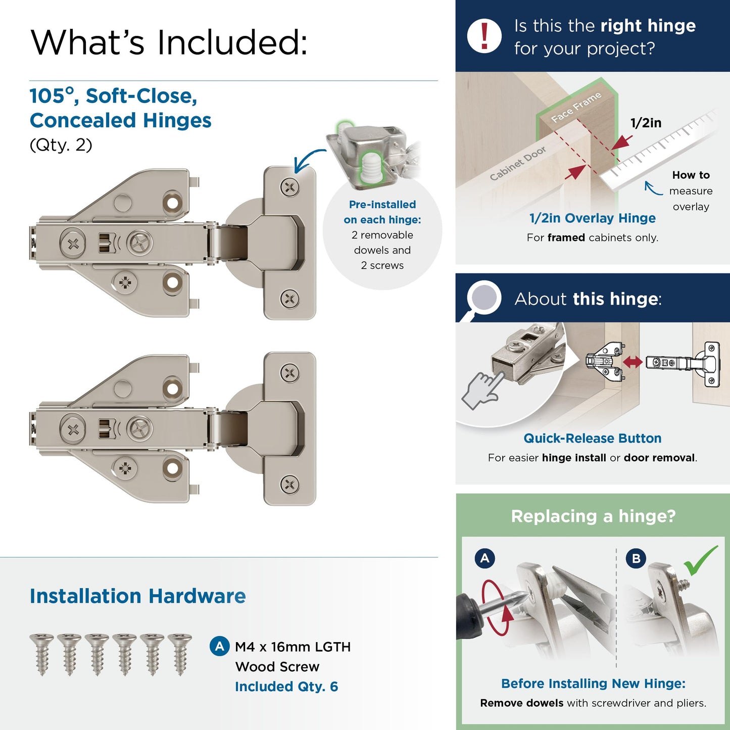 Amerock 2 Pack 1/2 inch Overlay Soft-Closing Euro Concealed Hinge for Face Frame Cabinet, 105-degree Opening Angle with 3-Way adjustability