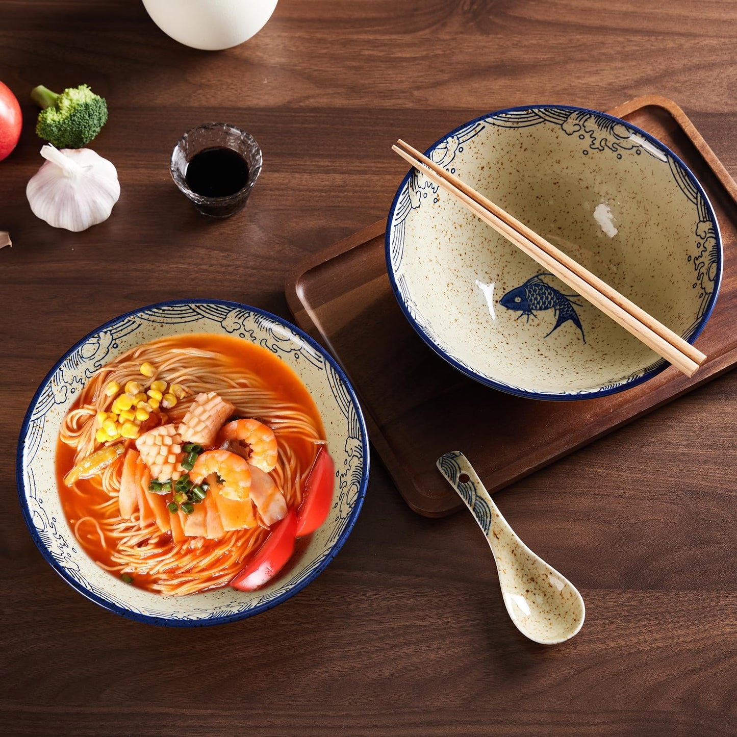 hengshukeji Japanese Ramen Bowl Set 2PCS, 40oz Large Ceramic Noodle Bowls with Chopsticks and Spoons for Pho, Udon, Rice, Pasta – Microwave & Dishwasher Safe (Carp Set (2 pieces))