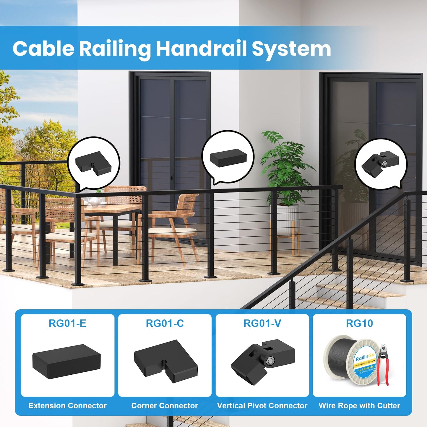 RailinGo 10FT Rectangular Cable Railing Handrail, Black Stainless Steel Handrail with Nylon End Caps for Deck Stair Railing System, 10' Flat Top Cuttable Deck Cable Rail Post System, RG01-H