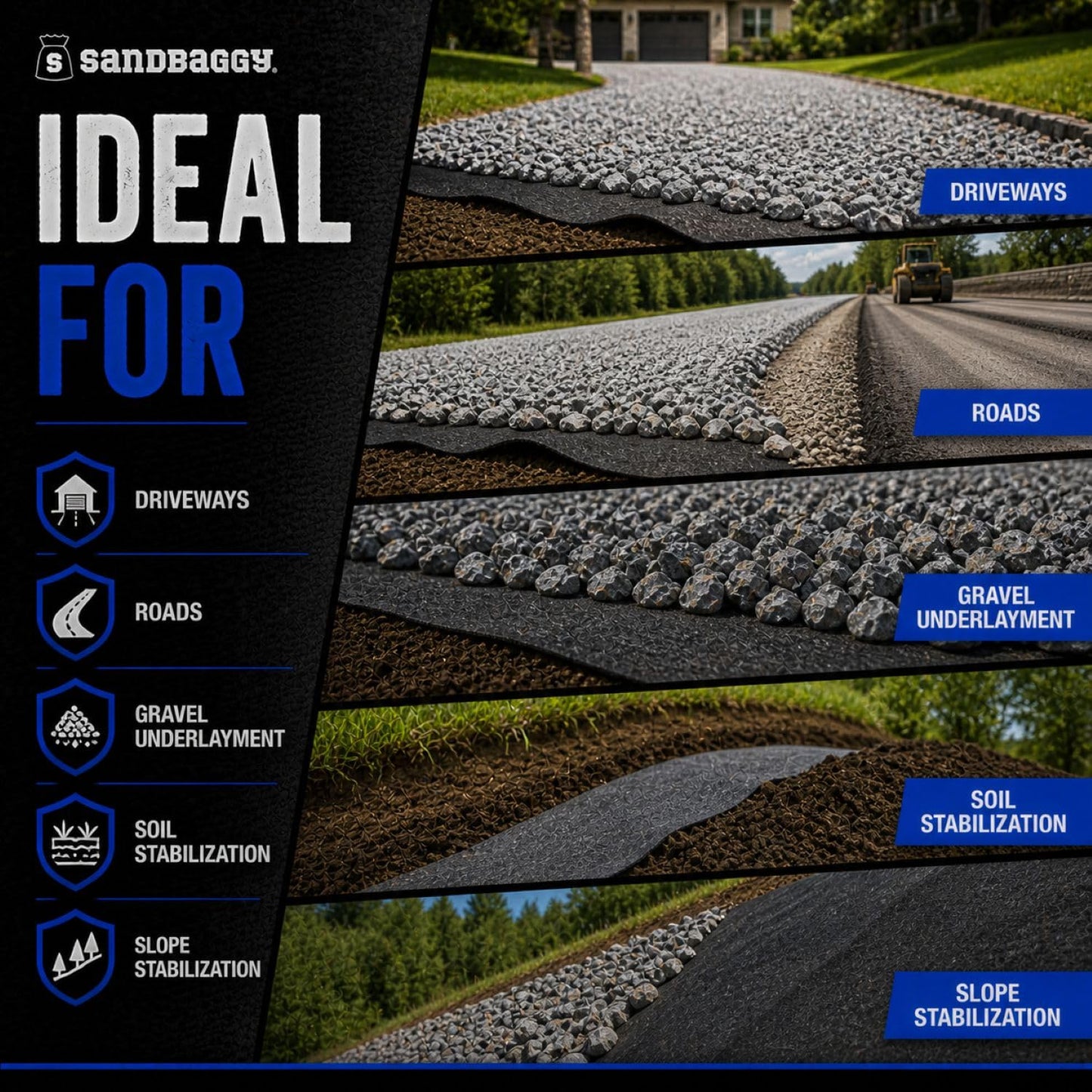 Sandbaggy Geogrid & Geocell Underlayment Fabric | Non-Woven Geotextile (8 oz) – Soil Stabilization for Driveways, Roads & Gravel – Erosion Control for Slopes & Walls | USA Made (10 ft x 100 ft Roll)