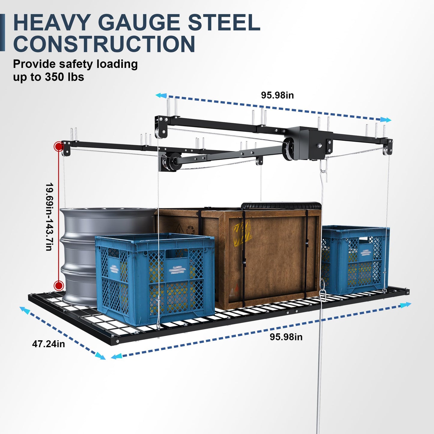 Runboll 4 x 8 Overhead Garage Storage Rack, Ceiling Racks for Garage, Organization Shelving, Adjustable Hanging Shelf, Grey, 19"-143" Height Adjustment