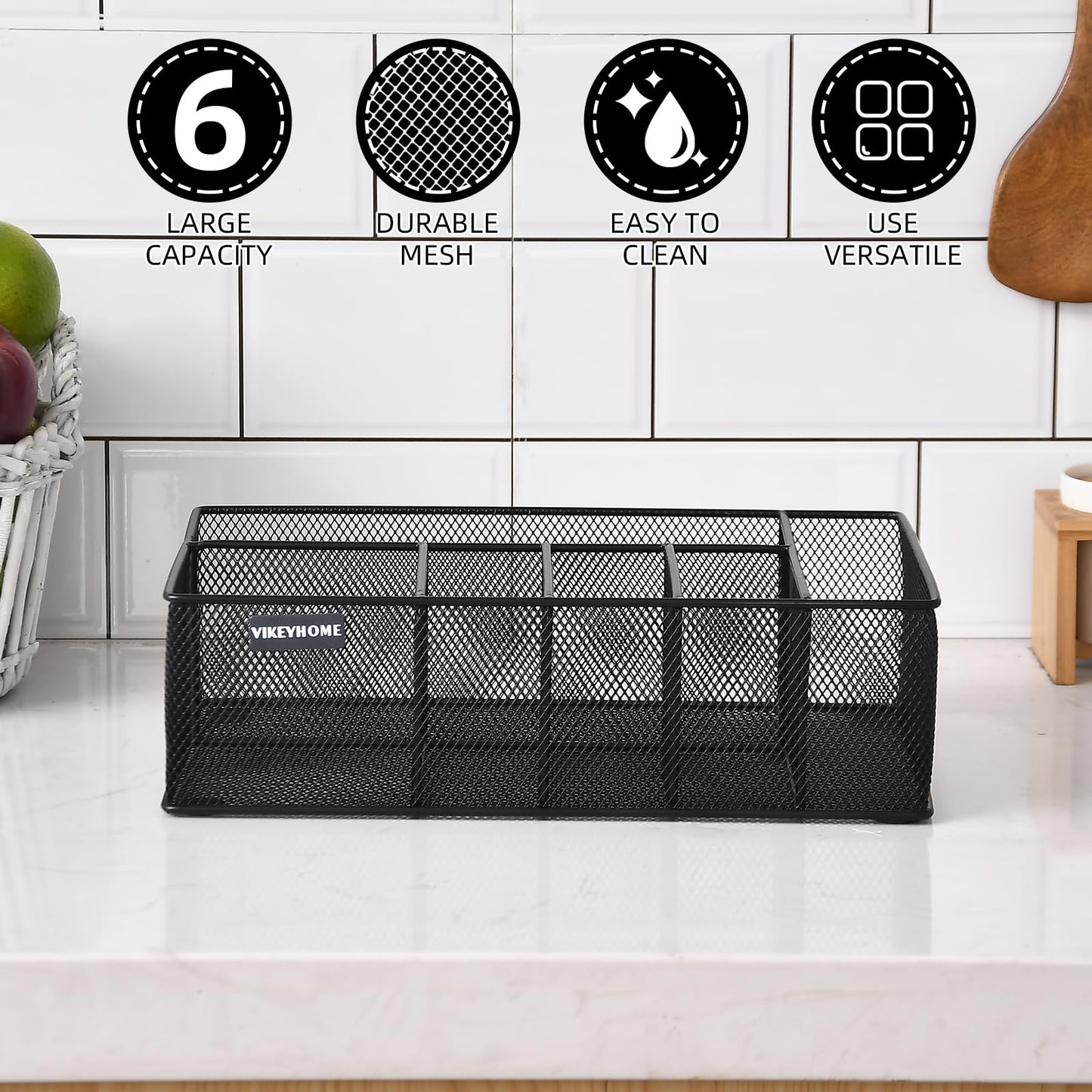 VIKEYHOME Paper Plate Organizer for Countertop, Metal Silverware Caddy with 6 Compartments for Cup, Napkin, Utensil Holder Caddy for Party, Camping, Picnic
