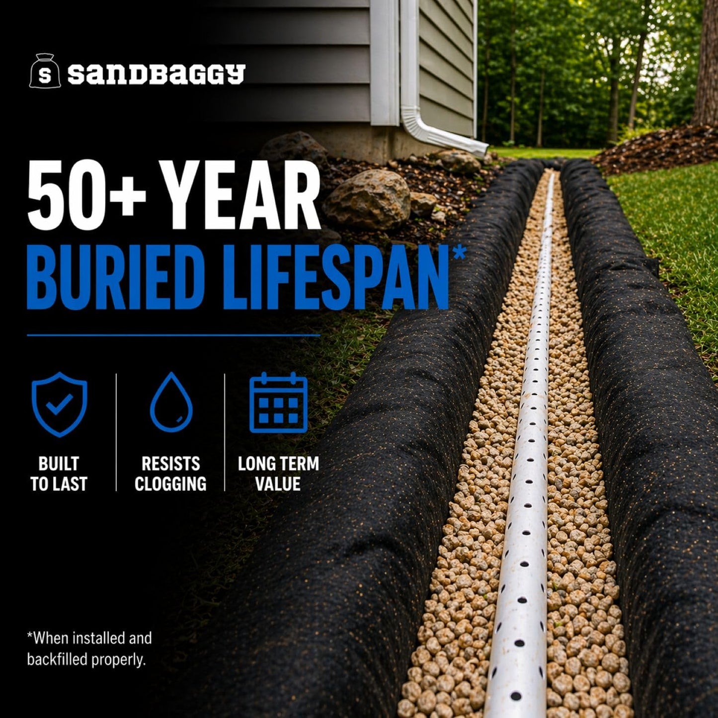 Sandbaggy French Drain Filter Fabric | Non-Woven Geotextile Landscape Fabric (4 oz) – Water Permeable, Porous Drainage Geo Fabric for Clay Soil & Landscaping – USA Made (6 ft x 100 ft Roll)