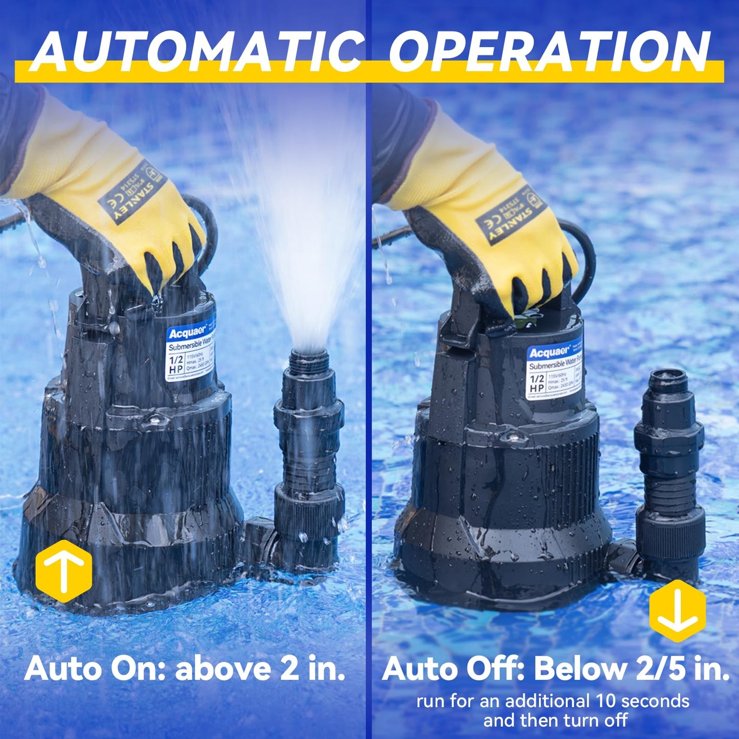 Acquaer 1/2 HP Automatic Sump Pump, 2450 GPH Submersible Water Pump with 3/4”Garden Hose Check Valve Adapter, Thermoplastic Utility Transfer Pump for Flooded Basement Pools Tub Draining, 19ft Cord