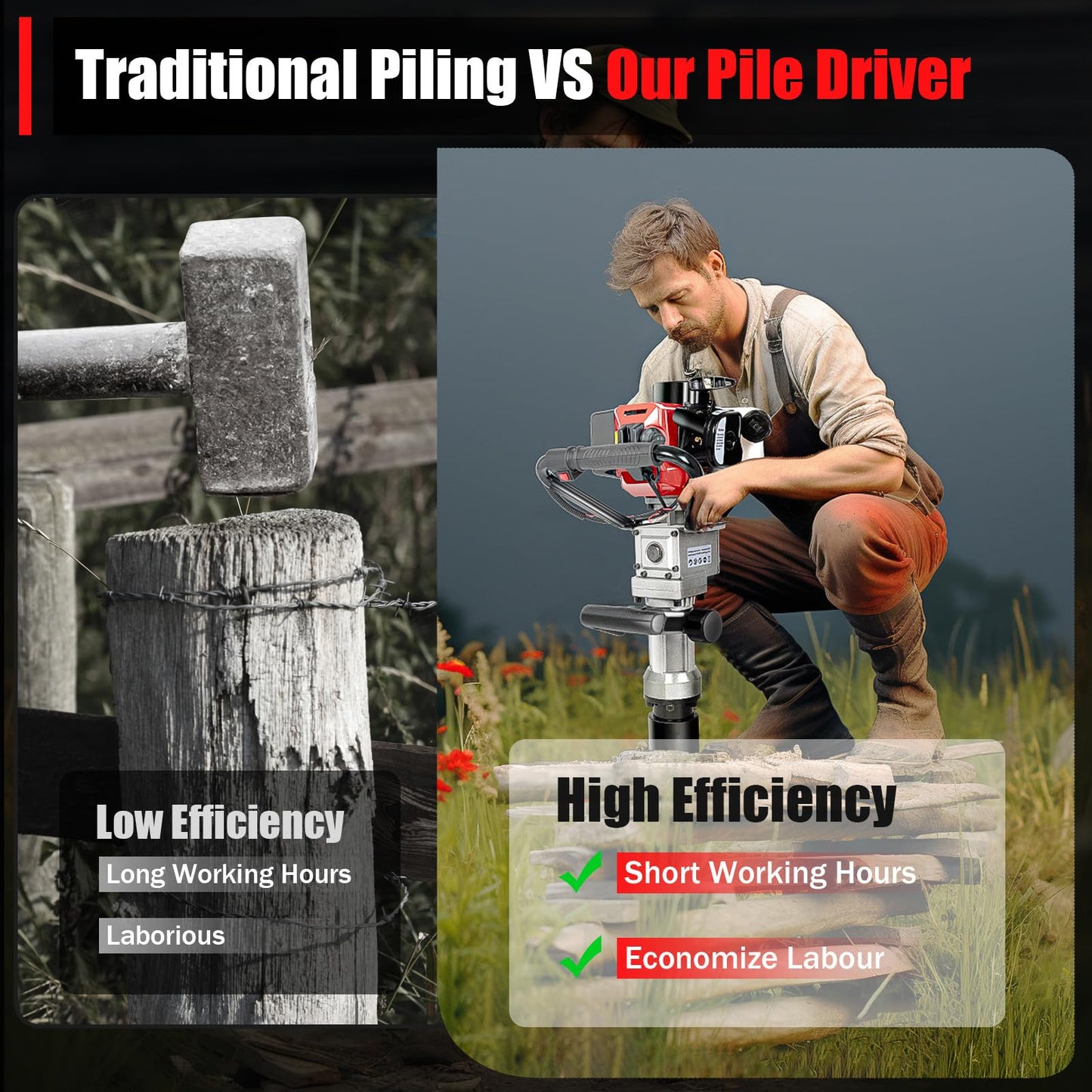 Gas T Post Driver, Pile Driver Post Driver Gas Powered 2 Stroke 32.6cc Gas Powered Petrol Push Pile Kit Gas Post Driver T-Post Driver Single Cylinder Air-Cooling Engine Farm Fence Necessary