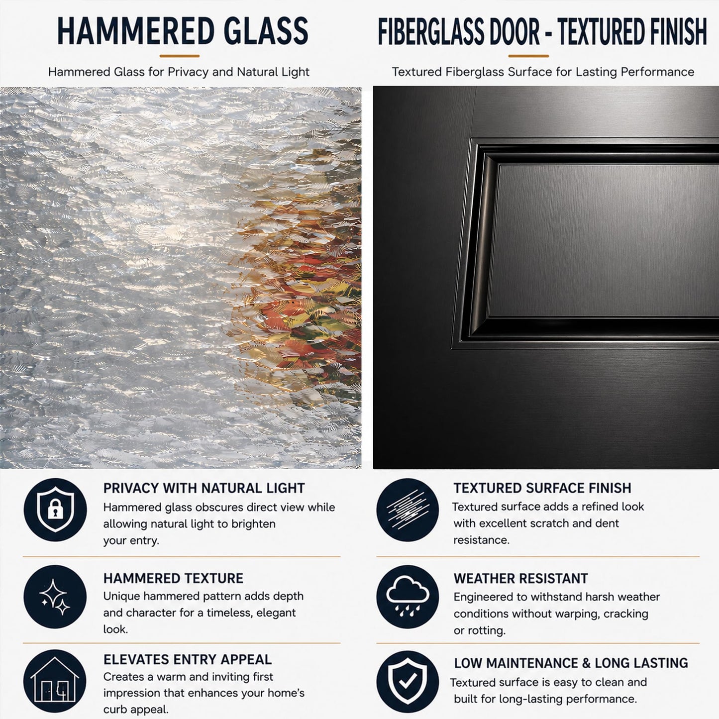 68x96in Fiberglass Front Door with 14in Sidelight, Black Exterior Entry Door for Home, Right-Hand Inswing, Textured Finished with Hammered Glass Knock-Down Door, Vinyl Frame and Brickmould Included