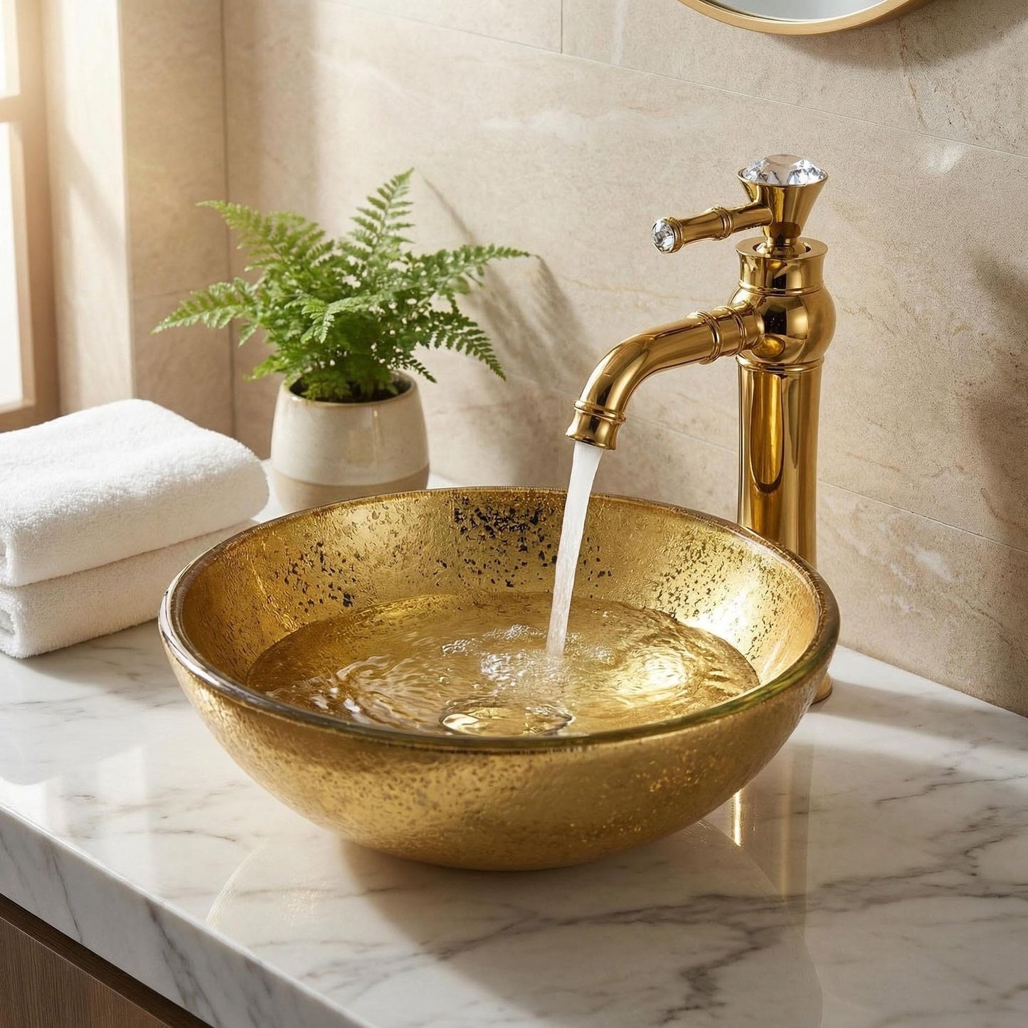 HOPESTAR Luxury Gold Ceramic Wash Hand Basin Round Vessel Sink, 15.8 x 15.8 x 5.9 Inches, Metal-plated Porcelain Washbasin,Art-filled Wash Fountain Bathroom Basin Circular Sink