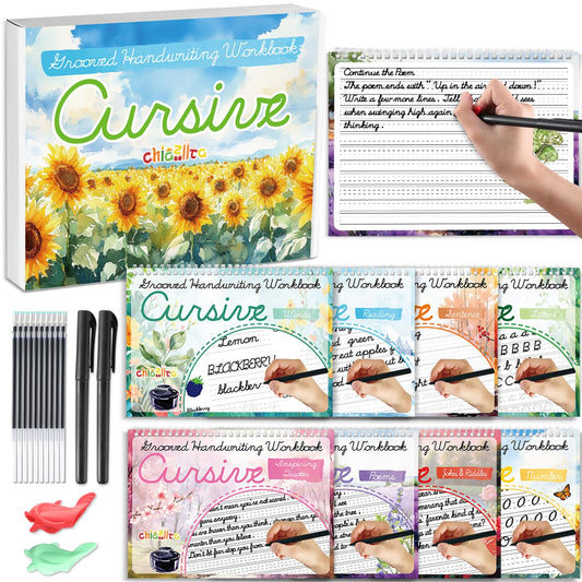 chiazllta 8 Pack Grooved Cursive Handwriting Workbook with Disappearing Ink Pens Magic Grooved Cursive Reusable Handwriting Practice Books Copybooks for Kids Beginners Learning Activities Supplies