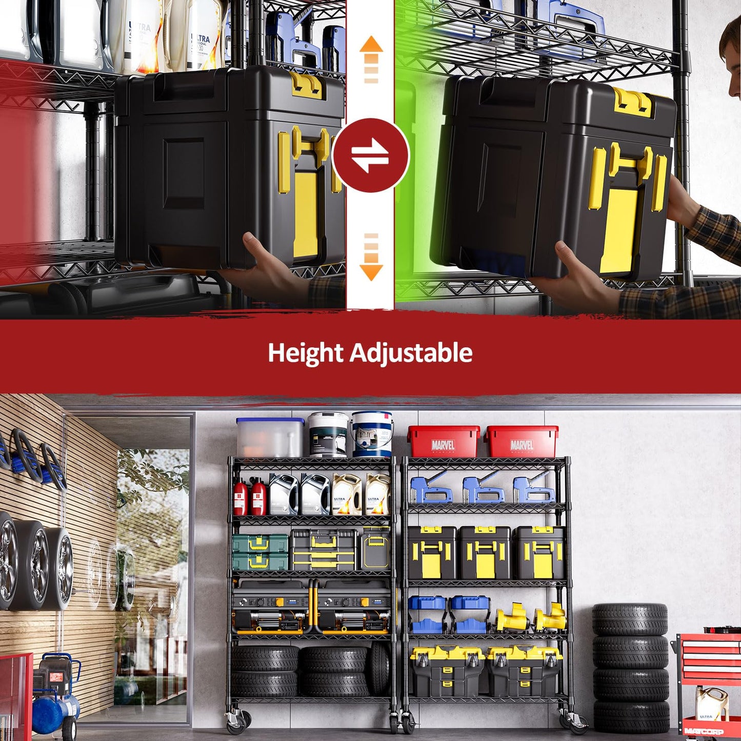 IZEUK 5-Tier Adjustable Heavy Duty Steel Wire Shelving Unit with Wheels, Storage Rack Organizer for Garage, Kitchen, Office, Laundry, Basement (Black, 17.7" D x 47.2" W x 76.7" H, 1750 lbs Capacity)